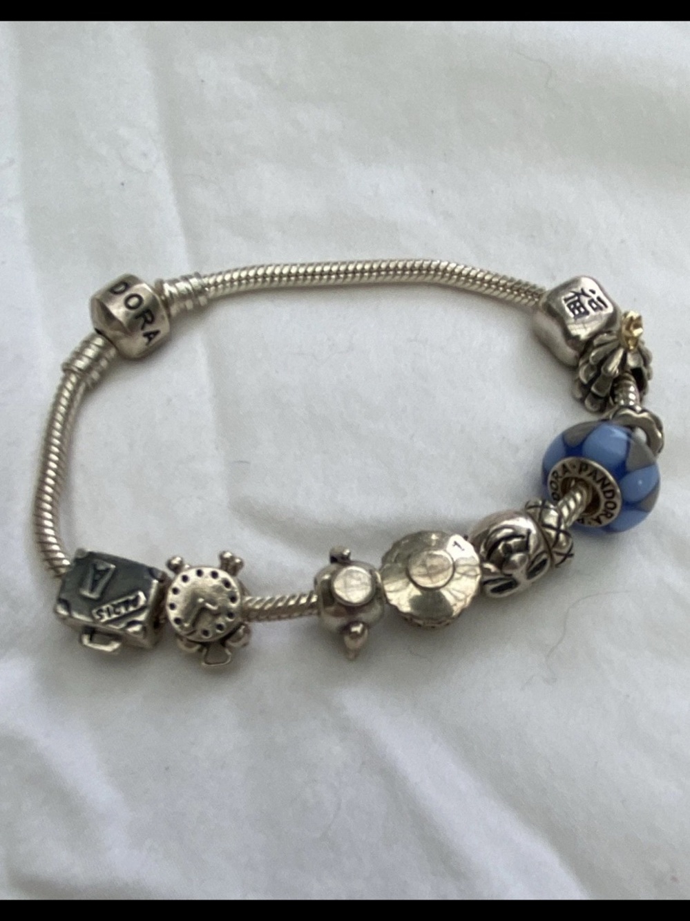 Pandora Silver Bracelet with Blue Murano Accent and Sterling Charms - Picture 2 of 3